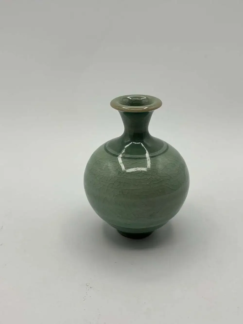 Miniature Celadon Green Crackle Glaze Pottery Vase with Hand-Painted Orchid Moti